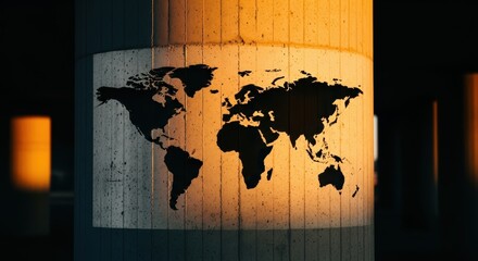 World map projection on a cylindrical surface illuminated by warm light.