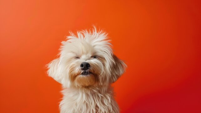 Small fluffy light brown dog with long hair sitting against an orange background.