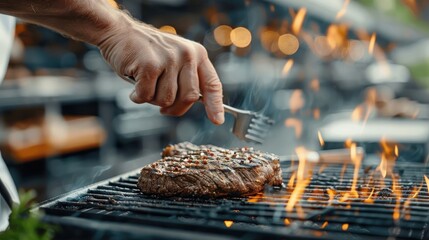 A chef grilling a thick-cut A5 Wagyu steak over an open flame.