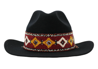 Black fedora with intricate, colorful beaded hat band