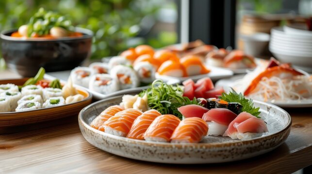 A Japanese-style seafood buffet with sushi, sashimi, and tempura.