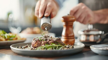 A close-up shot of a pepper mill grinding black peppercorns onto a steak.