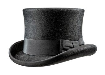 Elegant black top hat with ribbon, against transparent background
