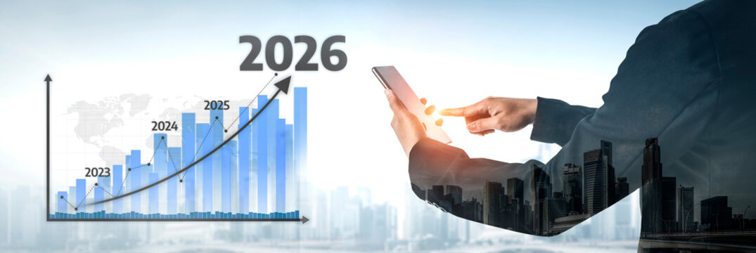 A businessman uses a digital tablet to analyze growth trends, featuring a bar graph, forward-looking data projections, and an urban skyline to signify progress. Tessel