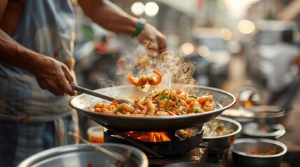 Naklejka premium A street food vendor in Bangkok ladling tom yum soup into bowls.
