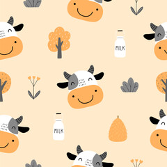 Happy cow face seamless pattern with milk bottle, tree and flower on light orange. Vector illustration