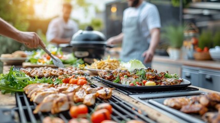 Outdoor barbecue with various smoked chicken dishes and fresh sides.
