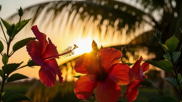 Closeup of vibrant red hibiscus flowers at sunset with palm leaves