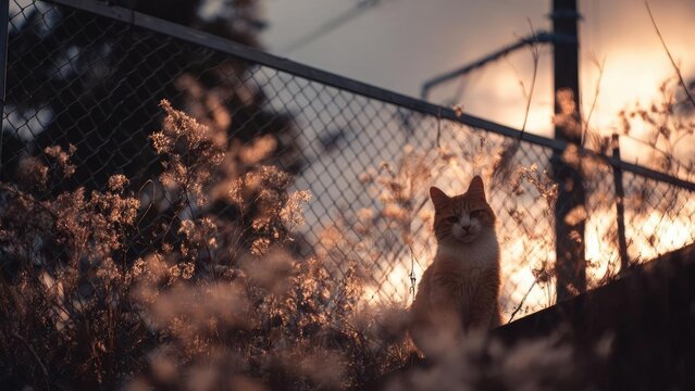 Orange cat sits among dried wildflowers beside a chain-link fence at sunset. Concept Orange cat, dried wildflowers, chain-link fence, sunset lighting, outdoor animal portrait