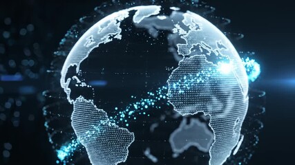Animated Digital Earth Globe Spins With Blue Data Transfer Beams - Powered by Adobe