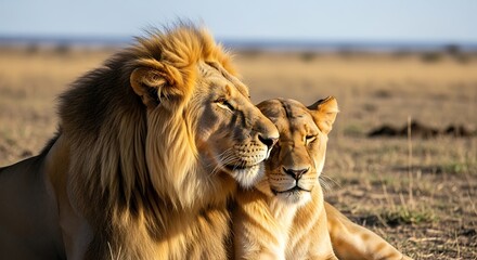 Fototapeta premium Majestic lion and lioness rest together in the serene savanna landscape under blue sky