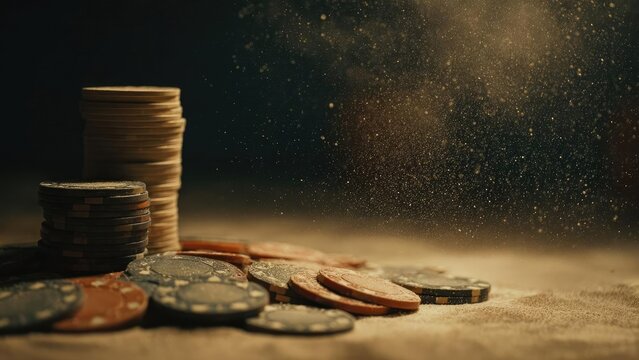 Stacks of poker chips and scattered coins on a dusty surface, bathed in warm golden light. Concept Golden Hour Still Life with Poker Chips and Coins on a Dusty Surface