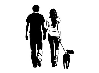 a silhouette of a couple walking hand in hand with a dogcatch, couple, dog, girl, hand, leash, man, person, pet, profile, stroll, walk, woman 