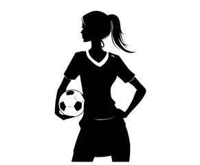 a silhouette of a female soccer player holding a ballball, black, catch, football, girl, hand, profile, sports ball, stand, woman 