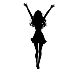 a silhouette of a woman jumping with her arms raisedarm, black, dance, dress, girl, hand, jump, profile, stretch, woman 