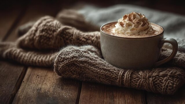 A mug of hot chocolate topped with whipped cream and cocoa sits on a rustic wooden table with a chunky knit blanket. Concept Cozy Winter Scene, Hot Chocolate with Whipped Cream, Rustic Wooden Table - Powered by Adobe