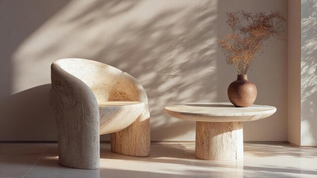 A minimalist stone seating set with a curved armchair and round table, plus a brown vase with dried branches, bathed in warm sunlight. Concept Minimalist Stone Seating, Curved Armchair, Round Table