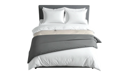 Top-down view of bed with gray & white linens