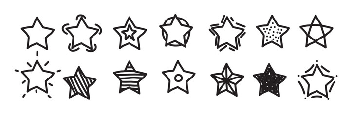 Cartoon hand drawn star and handdrawn night icon set. Doodle set design and element drawing vector illustration. Scribble sign collection and outline isolated white object. Abstract drawing art