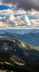 Fototapeta premium Dramatic Mountain Range Landscape with Shadow Play, Cloudy Sky Vista, Forested Hills, Mountainous Terrain Beauty, Wilderness Scene, Natural Light, Blue Mountains