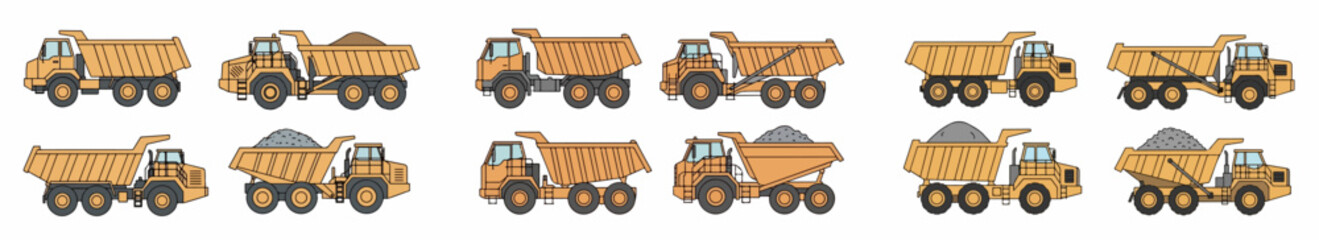 Dump trucks in various views, construction equipment