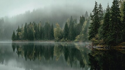 Misty lake surrounded by evergreen forest; calm water perfectly reflects the misty trees. Concept Misty lake, Evergreen forest, Calm water reflection, Misty trees, Tranquil landscape