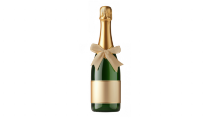 Champagne bottle with gold bow on a white background, AI, PNG