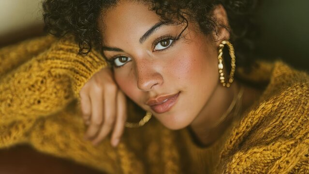 Close-up portrait of a woman with curly hair, wearing a chunky mustard sweater and gold hoop earrings. Concept Close-up Portrait, Curly Hair Beauty, Mustard Sweater Fashion, Gold Hoop Earrings