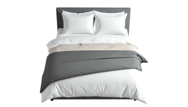 Top-down view of bed with gray & white linens