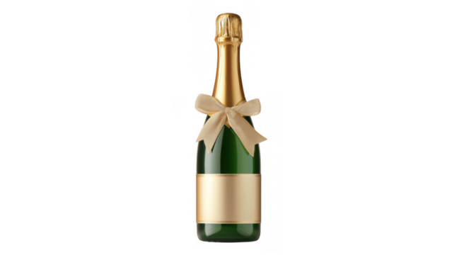 Champagne bottle with gold bow on a white background, AI, PNG