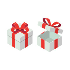 Closed and Open Gift Box Set, Isometric White Gift Box with Red Ribbon (Pair), Present Box Opened and Closed Illustration, Icon of Two Holiday Presents, vector, illustration.