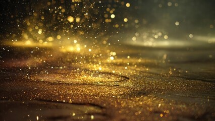 Golden glitter sparkles on a wet surface with warm bokeh lights in the background. Concept Golden glitter, Wet surface reflections, Warm bokeh lights, Night photography, Sparkling glow