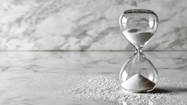 An hourglass with white sand flowing from the top bulb to the bottom on a marble surface, with sand scattered around. Concept Hourglass in Motion, White Sand on Marble, Sand Grains Scattered
