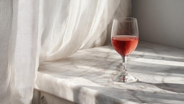 A glass of red wine on a marble windowsill, bathed in sunlight behind a sheer white curtain. Concept Wine glass on marble windowsill, Sunlight through sheer white curtain