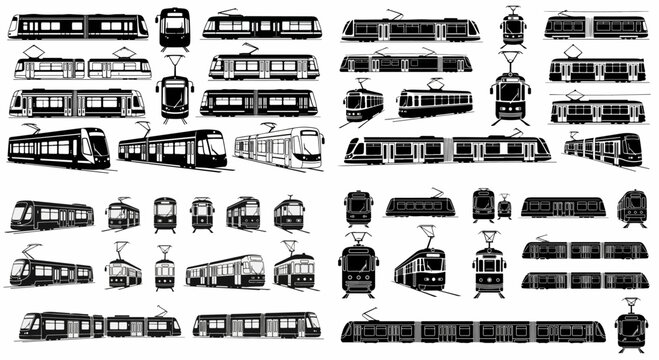Various tram and streetcar designs in black and white