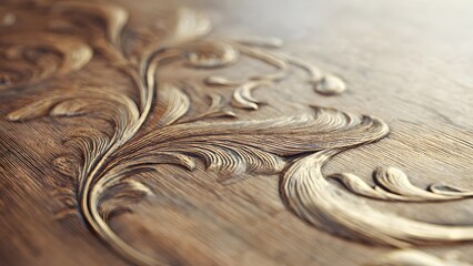 Close-up detail of an ornate wood carving in a Baroque style, featuring dramatic, scrolling leaves and flourishes. The natural wood grain and shallow depth of field provide an vintage background.