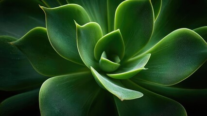 Close-up of a green succulent rosette with thick, fleshy leaves arranged in a tight spiral. Concept Succulent Close-Up, Green Rosette, Thick Fleshy Leaves, Spiral Pattern, Plant Portrait