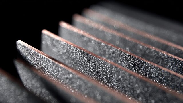 Macro shot of black corrugated metal sheets with rusty brown edges along each ridge. Concept Macro Metal Texture, Rusty Corrugated Edges, Black Metal Panels, Industrial Close-Up