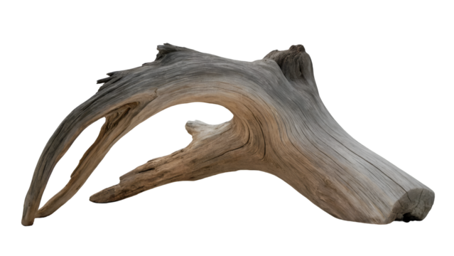 Weathered driftwood sculpture with a unique organic shape on a black background isolated on transparent background