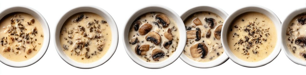 Creamy mushroom soup stages in white bowls