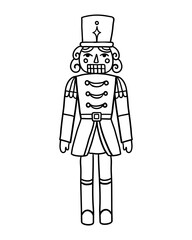 Traditional nutcracker soldier toy in uniform with a tall hat. Hand drawn illustration in line style.