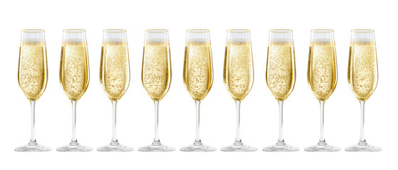 Champagne flutes filled with bubbles and golden liquid, AI, PNG