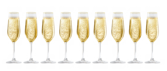 Champagne flutes filled with bubbles and golden liquid, AI, PNG