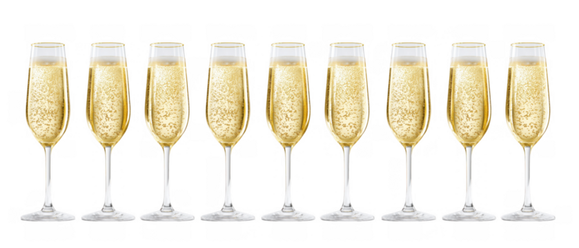 Champagne flutes filled with bubbles and golden liquid, AI, PNG