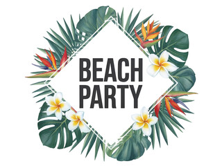 Tropical beach party invitation with lush green leaves and exotic flowers frame isolated on transparent background