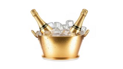 Two champagne bottles in an ice-filled bucket, AI, PNG