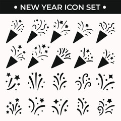 New Year icon set featuring fireworks, champagne, calendar, gift, party hat, and confetti. Perfect for festive web design, apps, and greeting card graphics