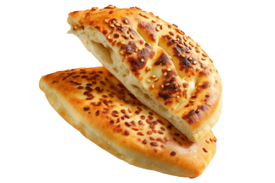 Traditional pita bread or flatbreads pieces, isolated on white transparent background. Concept of Arabic Cuisine and fresh bakery - Powered by Adobe