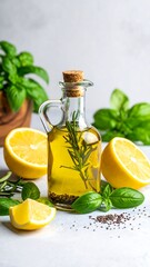 A still-life captures a glass bottle filled with golden oil and herb sprigs, nestled between fresh basil and lemon halves