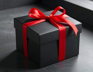 A square black gift box tied with a bright red satin ribbon